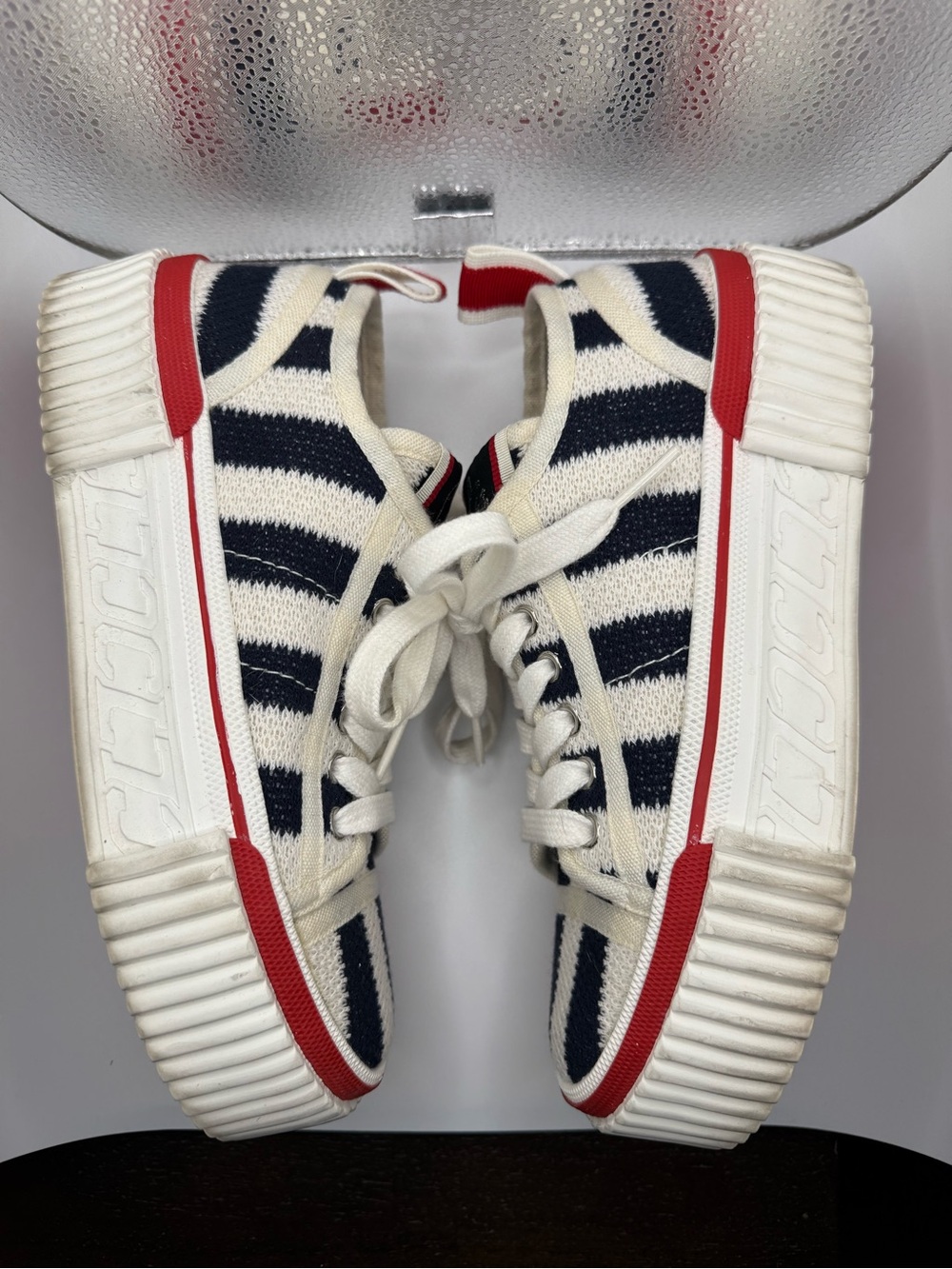 Christian Louboutin Navy & White Striped Low-Top Sneakers with Red Trim - Picture 7 of 15